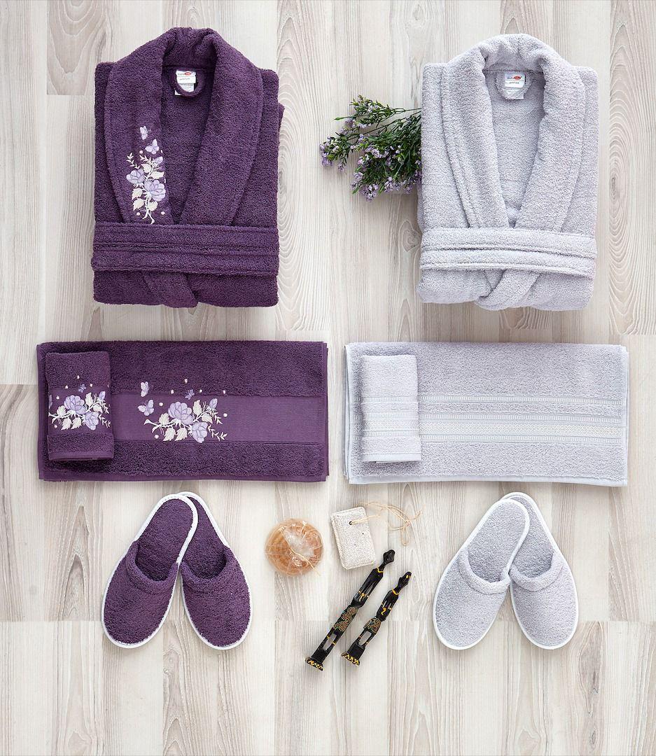 طقم روب بنفسجي وليلكي مطرّز