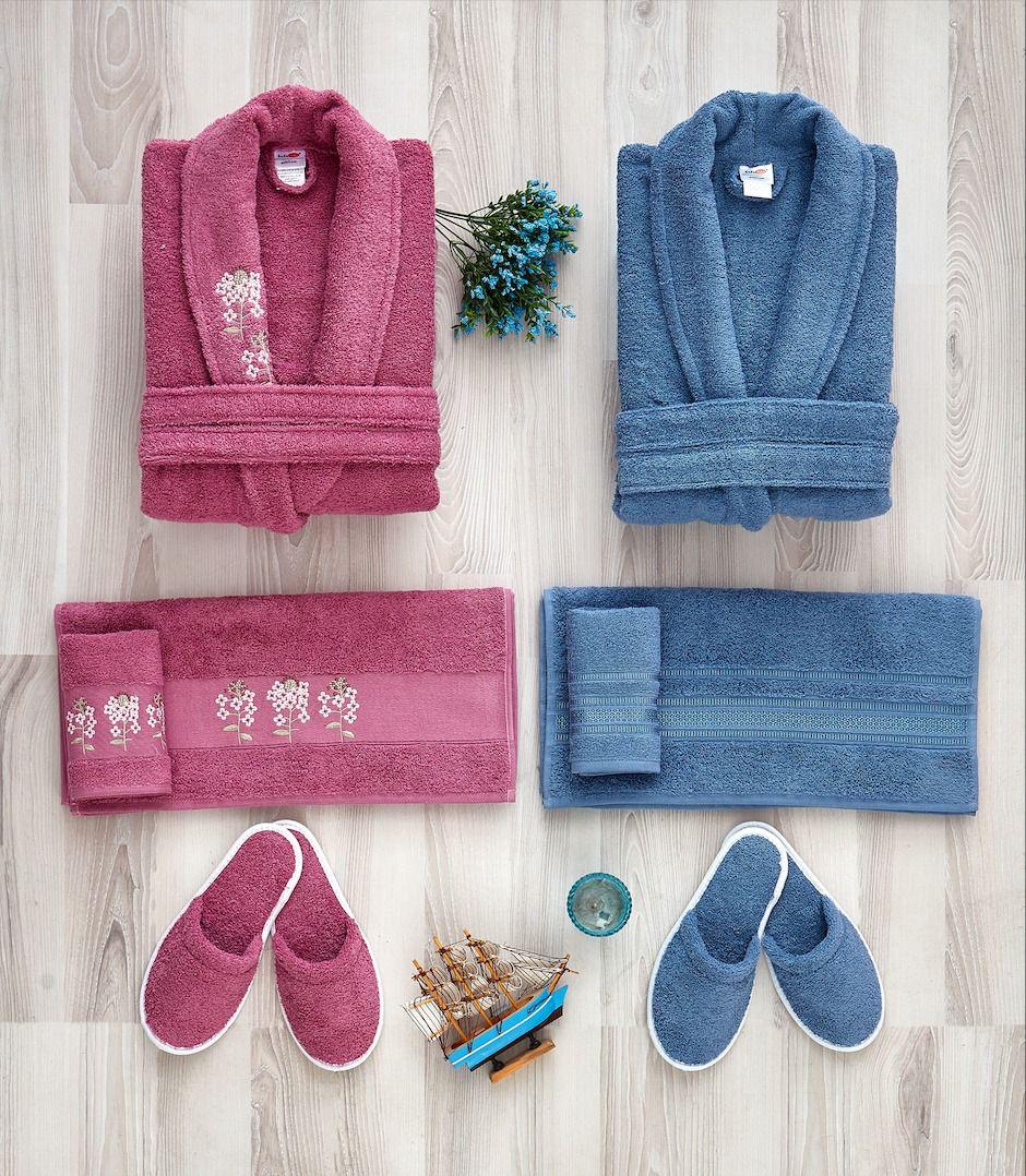 طقم روب وردي أزرق مطرّز